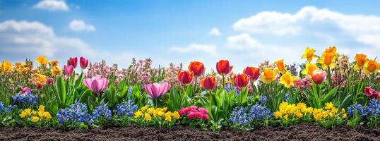 Vibrant flower garden in full bloom under a bright blue sky with fluffy clouds during spring season photo