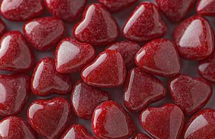 Red heart-shaped gummies arranged closely together, showcasing their textured surface and vibrant color, ideal photo