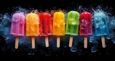 Colorful frozen treats arranged on a dark surface with fresh fruit and ice cubes, perfect for a refreshing photo