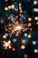 Sparkler shines brightly in a dark night, illuminating the festive atmosphere with glowing sparks and a magical photo