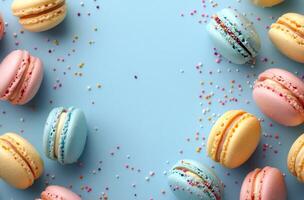 Colorful macarons arranged in a circular pattern on a light blue surface with sprinkles highlighting a playful photo