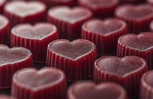 Red heart-shaped gummies arranged closely together, showcasing their textured surface and vibrant color, ideal photo