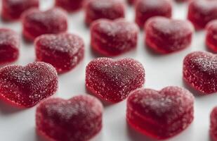 Red heart-shaped gummies arranged closely together, showcasing their textured surface and vibrant color, ideal photo