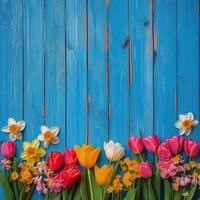 Colorful spring flowers arranged on a blue wooden surface showcasing various blooms with vibrant petals and photo