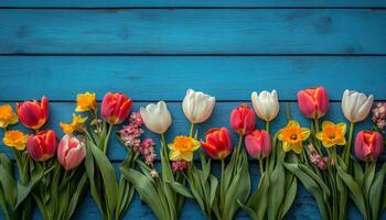 Colorful arrangement of tulips and daffodils on blue wooden background showcasing springtime beauty and photo