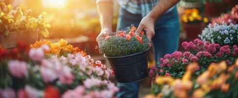 Hands of a gardener arranging vibrant flowers in a sunlit market during the golden hour, showcasing the beauty photo