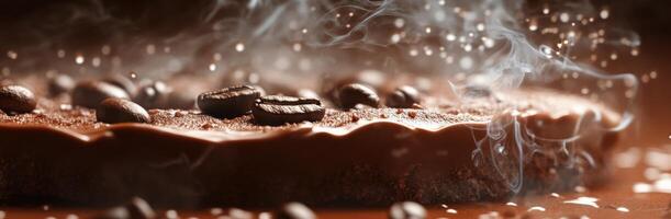 Sizzling chocolate dessert with coffee beans surrounded by wisps of steam and rich aroma enticing food lovers in photo