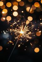 Sparkler shines brightly in a dark night, illuminating the festive atmosphere with glowing sparks and a magical photo