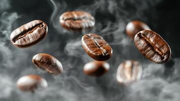 Dark roasted coffee beans suspended in the air with steam swirling around in a contrasting black background for photo