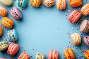Colorful macarons arranged in a circular pattern on a light blue surface with sprinkles highlighting a playful photo