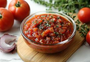 Freshly made tomato salsa with herbs and onions displayed in a clear bowl on a wooden cutting board photo