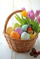 Brightly colored Easter eggs arranged in a wicker basket surrounded by vibrant tulips and a butterfly resting photo