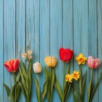 Colorful spring flowers arranged on a blue wooden surface showcasing various blooms with vibrant petals and photo
