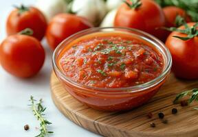 Freshly made tomato salsa with herbs and onions displayed in a clear bowl on a wooden cutting board photo
