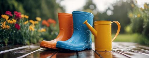 Colorful rubber boots and a yellow watering can on a garden path surrounded by vibrant flowers in the early photo