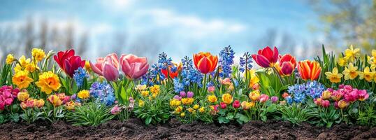 Vibrant flower garden in full bloom under a bright blue sky with fluffy clouds during spring season photo