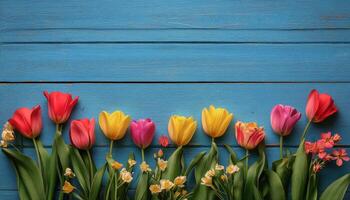 Colorful arrangement of tulips and daffodils on blue wooden background showcasing springtime beauty and photo