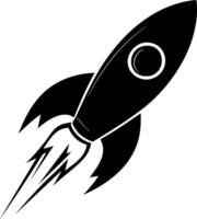 Black and white rocket icon representing space exploration and technology. vector