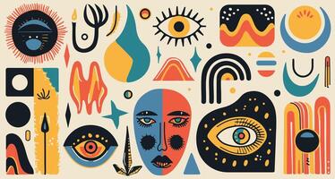 Sticker pack featuring naive, playful abstract shapes, including groovy circles. vector