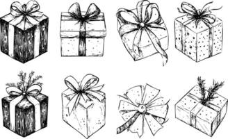 Set of hand-drawn gift boxes with bows and ribbons, black and white. vector