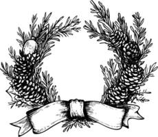 Hand-drawn wreath illustration with pine cones and ribbon in black and white. vector