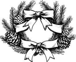 Hand-drawn Christmas wreath with ribbons and pine cones in black and white. vector