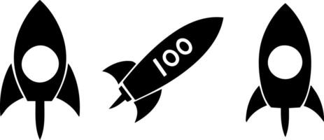 Three black rocket icons with one featuring the number 100. vector