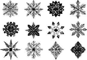 Set of twelve black snowflake designs on a white background. vector