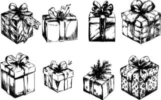 Hand-drawn sketch of various wrapped gifts with ribbons and bows. vector