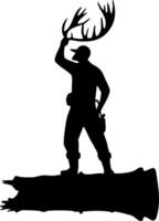Silhouette of hunter holding deer antlers, standing on a log. vector