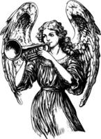 Vintage black and white illustration of an angel playing a trumpet. vector