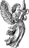 Vintage sketch of a winged angel playing a trumpet in black and white. vector