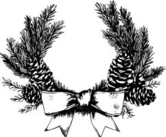 Vintage illustration of a pine wreath with cones and a bow. vector