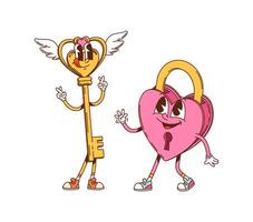 Cartoon groovy valentine lock and key characters vector
