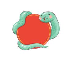 Cute green snake wrapped around a round red banner vector