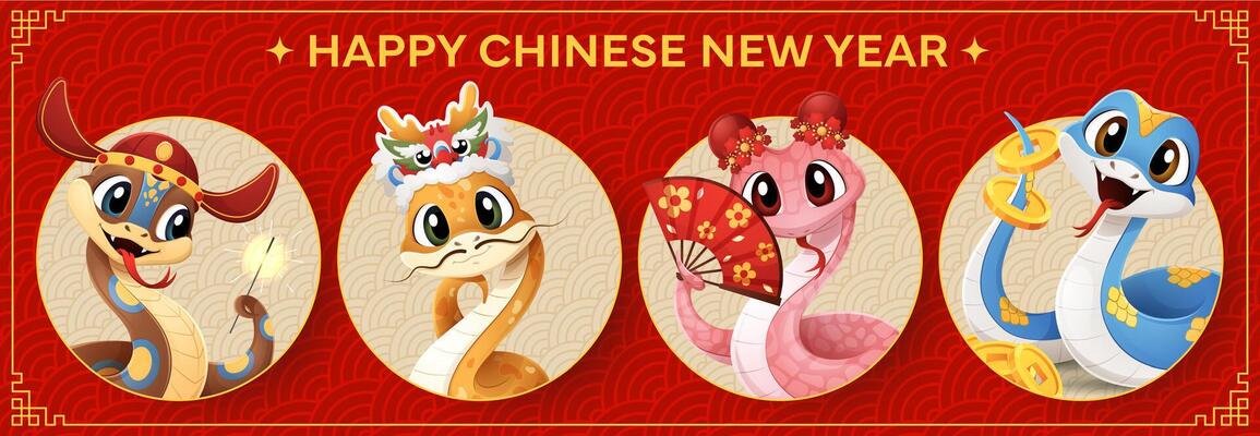 Chinese Lunar New Year banner cartoon funny snakes