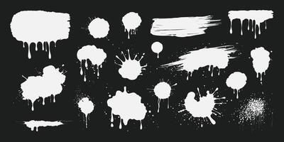 White paint splashes, ink drops, grunge liquid drips and splashes. Stains with scattered and dripping droplets on black. Isolated sprayed elements. Blobs of various shapes. Abstract textures. vector