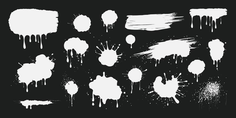 White paint splashes, ink drops, grunge liquid drips and splashes. Stains with scattered and dripping droplets on black. Isolated sprayed elements. Blobs of various shapes. Abstract textures.