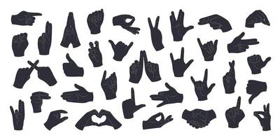 Silhouettes of human hands with different gestures and positions. Hands showing rock sign, call me, luck, greeting, dislike, fist, love. Isolated black illustrations on a white background. vector