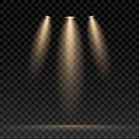 Bright lighting spotlights with warm light and sparkle. An isolated light effect for concerts, scene illumination, the circus, theatres, parties and shows. An abstract festive design element. vector