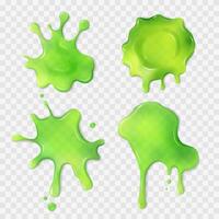 Liquid neon green slime blot set. Realistic slimy stains with drops. Different shapes of sticky dripping mucus. Isolated abstract textures. Toxic alien splashes, jelly, gelatin. vector