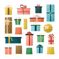 Set of gift boxes and bags with ribbons, bows, patterned wrapping papers. Isolated flat elements on white background. Various presents for celebration designs. vector