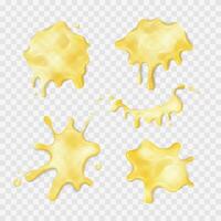 Liquid yellow slime blot set. Realistic slimy stains with drops. Different shapes of sticky dripping toxic mucus or honey. Isolated abstract textures. Alien splashes, jelly, gelatin. vector