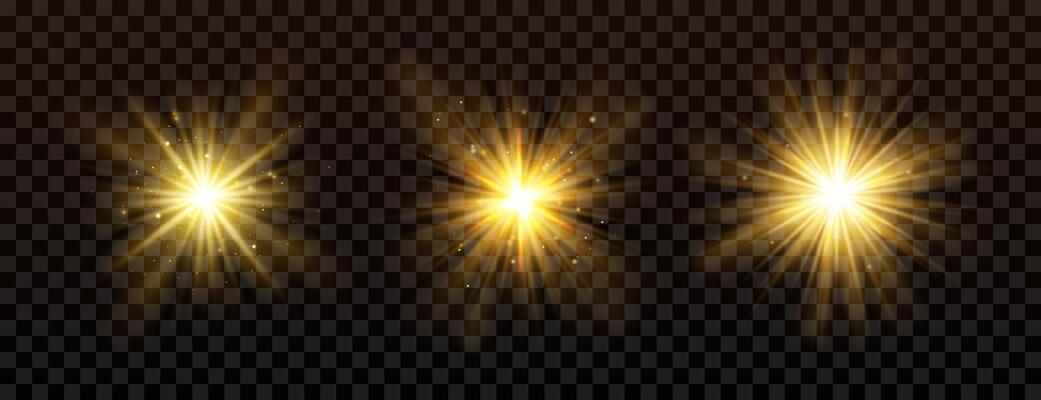 Transparent light effect set. Golden sunlight, sun, laser beams, sunrays with flares. Abstract isolated elements for web, birthday, New Year, festival and show designs. Transparent clip art.