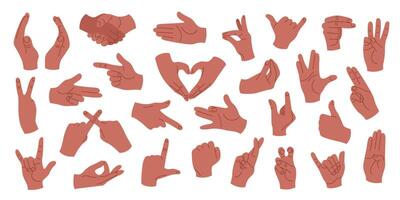 Set of human hands with different gestures and positions. Hands showing rock sign, high five, greeting, love, like, dislike, fist and other signs. Isolated illustrations on a white background. vector