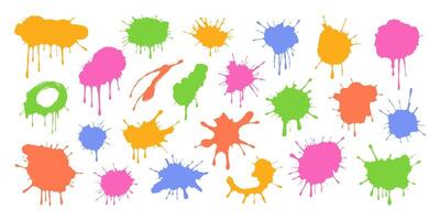 Multicolored paint splashes, ink drops, liquid drips and grunge splashes. Stains with scattered and dripping droplets. Isolated sprayed elements. Flat blobs of various shapes. Abstract illustrations. vector