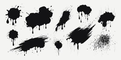 Ink drops. Paint splashes, grunge liquid drops splash. Black liquid stains with scattered drops. Isolated spray elements on a white background. Blobs of different shapes. Abstract textures. vector
