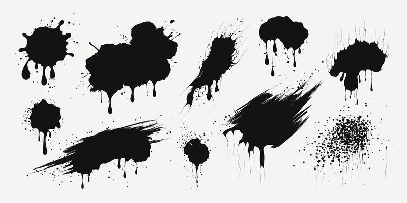 Ink drops. Paint splashes, grunge liquid drops splash. Black liquid stains with scattered drops. Isolated spray elements on a white background. Blobs of different shapes. Abstract textures.