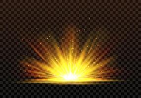 A bright golden light effect, sunrise, sunrays, burst, star. Highlights and multiple realistic rays. Isolated transparent effect on dark background for web designs, new year, birthday, concerts. vector
