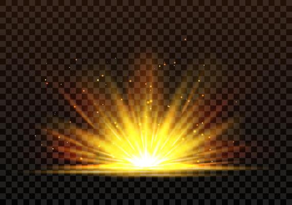A bright golden light effect, sunrise, sunrays, burst, star. Highlights and multiple realistic rays. Isolated transparent effect on dark background for web designs, new year, birthday, concerts.